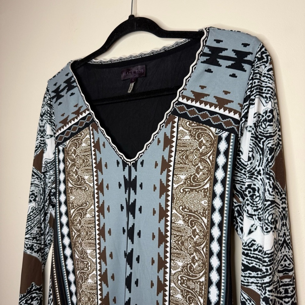 HALE BOB Designer Blue Bohemian Aztec Paisley Printed Longsleeve Midi Dress - Picture 3 of 11